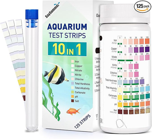 Aquarium Test Strips for Saltwater Tank: 10-in-1 125 Counts Salt Water Aquarium Water Test Kit, Fish Tank Test Strips for Testing Salt Chlorine Copper Nitrate pH and More, AQSTTN24