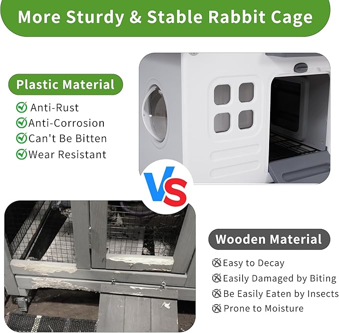 Rockever Plastic Rabbit Cage Outdoor Indoor, Waterproof Rabbit Hutch-Leak-Proof Pull-Out Tray&Chew-Proof, Bunny Cage Guinea Pig Cages, Easy-Clean & Ideal for Small Animal