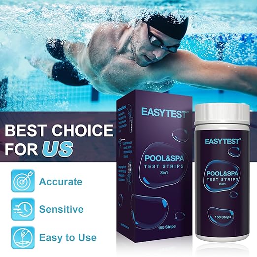 EASYTEST Pool and Spa Test Strips, 150 Strips Pack for Hot tub-Test pH,Total Alkalinity,Free Chlorine and Bromine, Accurate 3 in 1 Pool Water Testing Kit