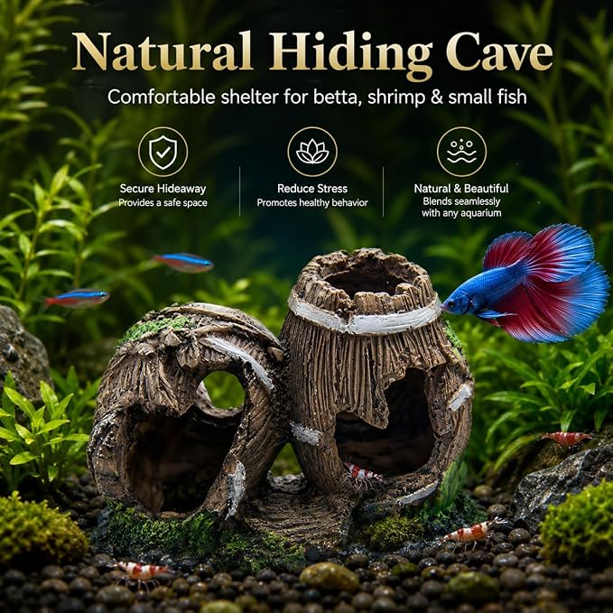 Resin Double Barrel Aquarium Cave for Betta, Shrimp & Small Fish | 5.5 x 2.8 x 3.9 in resin double-barrel hideout with multiple openings for bettas, shrimp, guppies and small fish