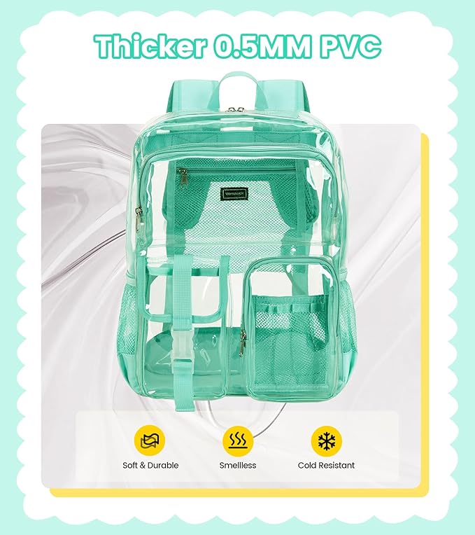 Vorspack Clear Backpack for School - Heavy Duty Transparent Bookbag for Girls Boys Large See Through backpacks for Work, College, Travel - Mint Green