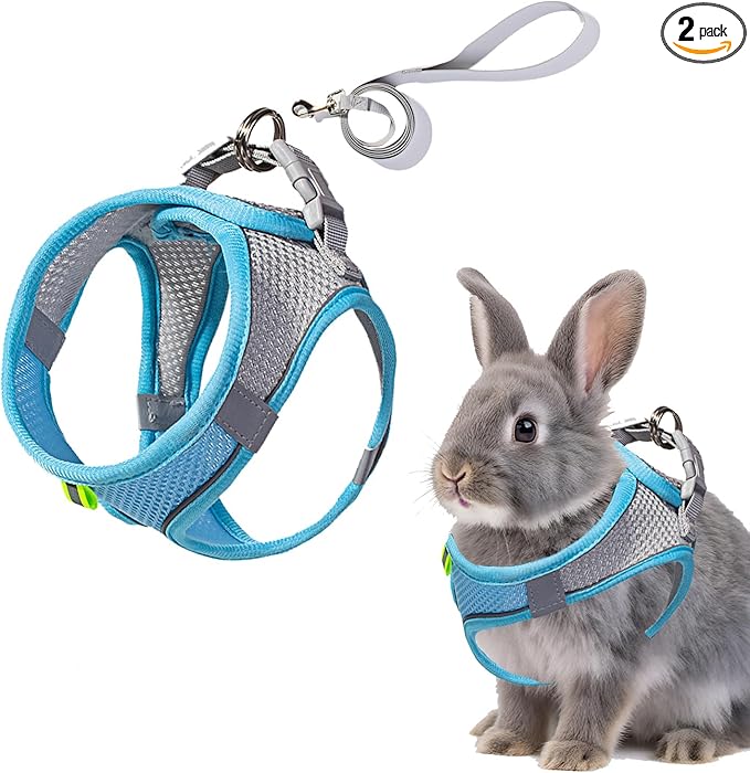 Rabbit Harness and Leash Set Escape Proof, Adjustable Soft Padded Vest, Breathable Mesh Bunny Harness with Reflective Strap, Safe for Small Animals(Blue,M)