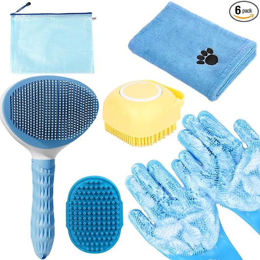Bath Grooming Kit with Hair Brush, Towel & Scrubber Gloves - 6-in-1 Slicker Brush for Shedding Dogs & Cats, Blue