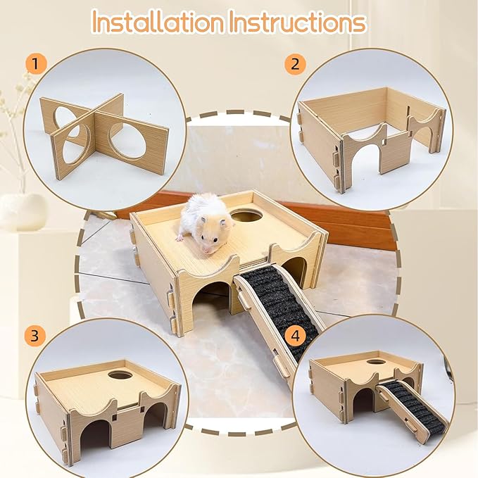 Wooden Hamster Hideout House,Multi-Chamber Syrian Hamster Hide Hut with Ladder Platform Bowls,Gerbil Explore Hiding Maze House Habitats Decor Accessories for Rat,Dwarf, Mice,Mouse