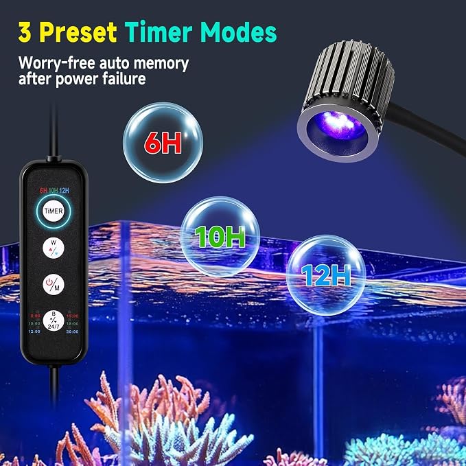fishkeeper Saltwater Aquarium Light for 5-10 Gallon, 24/7 Reef LED Light | Adjustable 3 Color Mode /10 Brightness/3 Timer, 12W Clip On Aquarium Light for Coral Marine Tank, Memory Function