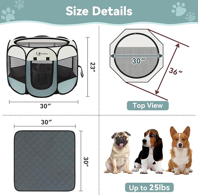 Siedihit Medium Dog Cat Playpen, Puppy Pet Playpen Indoor for Dog Crate Tent Cage Outdoor, Portable Pop Up Dogs Enclosure Kennel with Carrying Case for Dogs/Cats/Rabbits (Grey with Pad, Medium)