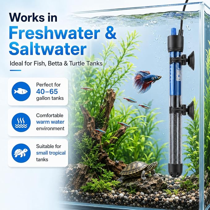 Mylivell Fish Tank Aquarium Heater - Adjustable Submersible 200W Aquarium Heater with Thermostat for 40-65 Gallon Betta, Turtle, Saltwater and Freshwater Tanks