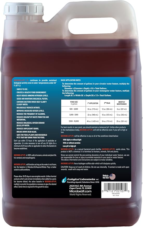 MICROBE-LIFT PL Pond Bacteria and Outdoor Water Garden Cleaner, Safe for Live Koi Fish, Plant Life, and Decor, 2.5 Gallons