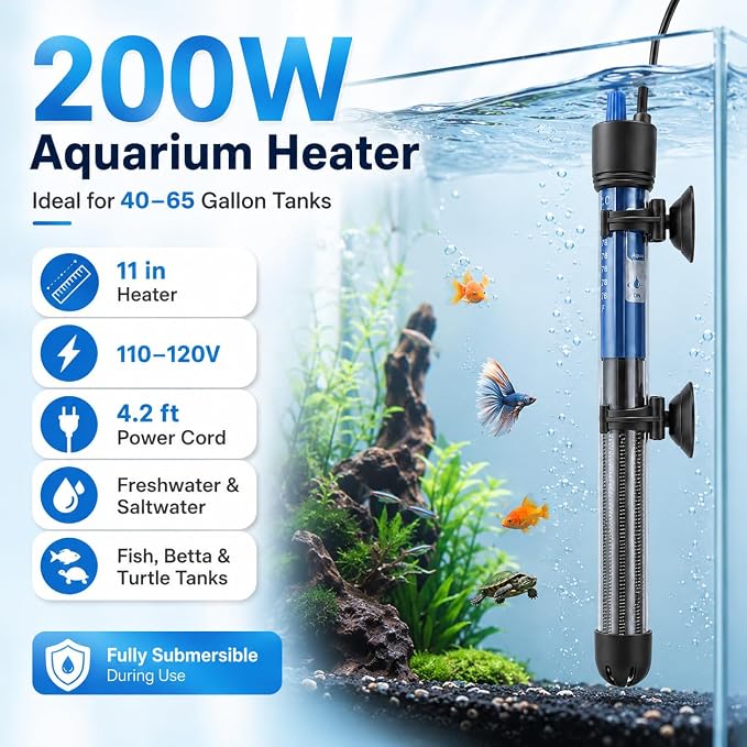 Mylivell Fish Tank Aquarium Heater - Adjustable Submersible 200W Aquarium Heater with Thermostat for 40-65 Gallon Betta, Turtle, Saltwater and Freshwater Tanks