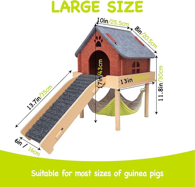 BESNEW 3 in 1 Enlarged Guinea Pig Hammock,Wooden Guinea Pig Hideout with House & Platform & Stairs Small Animal Toys for Hiding Sleeping Activities