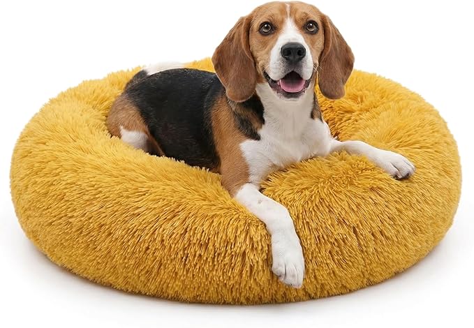 Calming Dog Bed for Medium Dogs Washable Donut 30 inches Anti-Slip Pet Bed,Round Fluffy Plush Faux Fur Cat Bed,Fits up to 45 lbs Pets,Orange