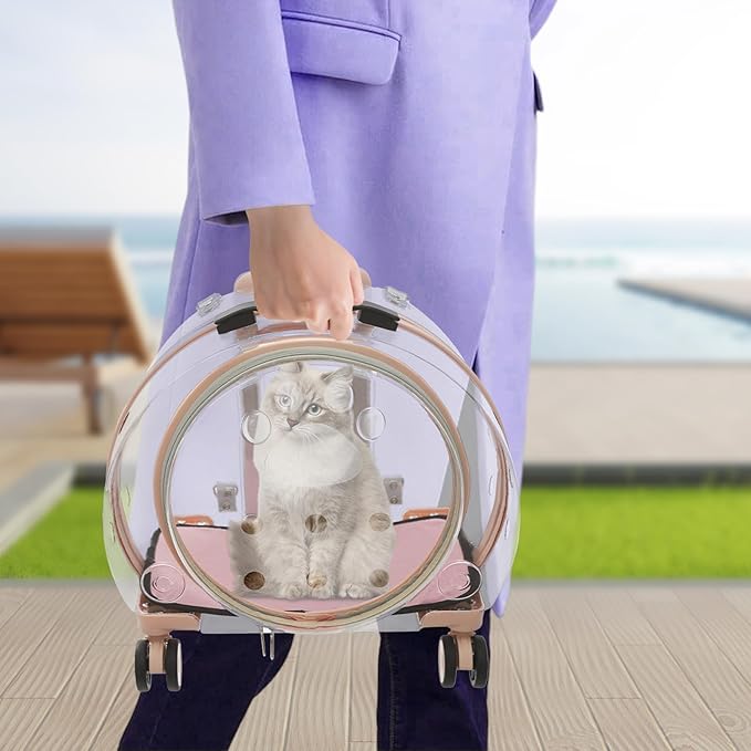 Cat Backpack Carrier, Transparent & Breathable Cat Carrier with Wheels, Large Space Bubble Pet Backpack for Kitty Dog Bunny Up to 20lbs, Multiple Carrying Options, Perfect for Traveling/Taking a Walk