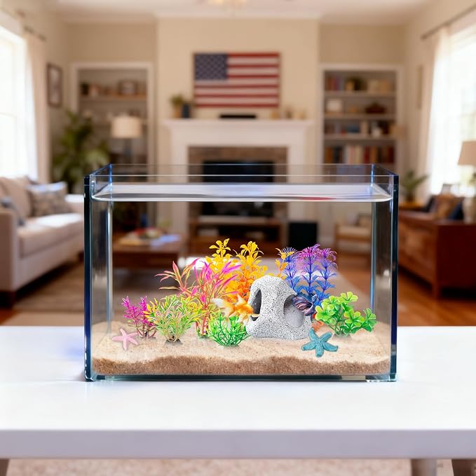 12 PCS Aquarium Decoration Cave Set, Ceramic Fish Tank Hideaway Rock | Colorful Plastic Aquarium Plants & Resin Starfish, Small Fish Tank Ornaments for Pet Fish to Hideout and Rest