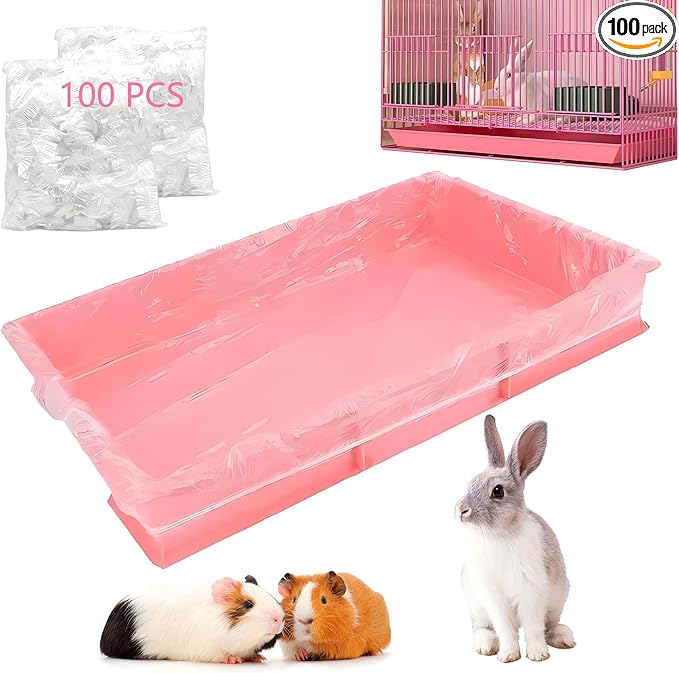 Disposable Cage Liner Bags (100-Pack) – 19'' X 11'' Clear Plastic Rabbit Cage Liners, Leak-Proof Toilet Film for Bunny, Guinea Pig, Hamster, Hedgehog & Small Animals – Universal Crate Tray Covers for
