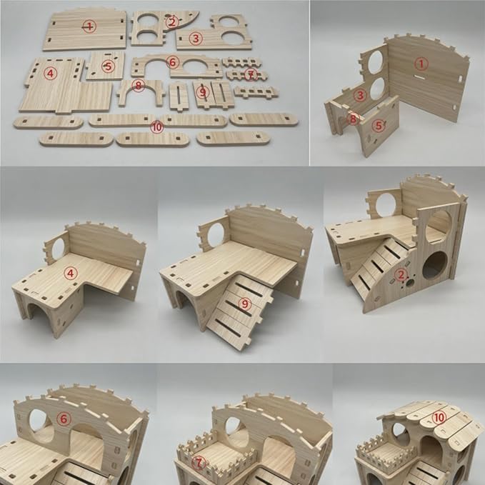 WRINGKIT Wood Hamster House, Tiny Maze Hamster Hideout, Fun Slide Gerbil House with Window, Detachable Double Decker Hut for Hamster Dwarf Mice Mouse Small Animals