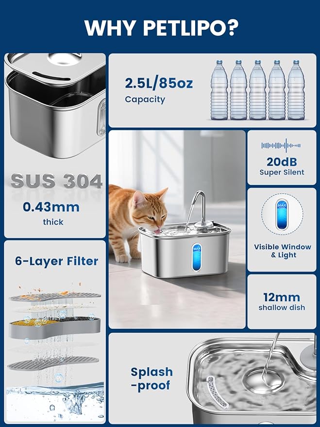 Cat Water Fountain Stainless Steel for Cats Indoor by BPA-Free SUS304, Effective 6-Layer Filter Cat Fountains for Drinking 2.5L 85oz 20dB Ultra Quiet Soft Flow Metal Pet Water Fountain