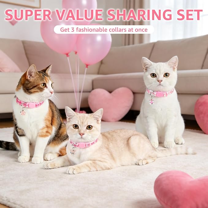 SCENEREAL Breakaway Cat Collar with Bell, 3 Pack Adjustable Safety Pink Cat Collar for Boy and Girl Cats, Cute Kitten Collar for Kitty Puppy Small Pets, Bow & Plaid & Heart