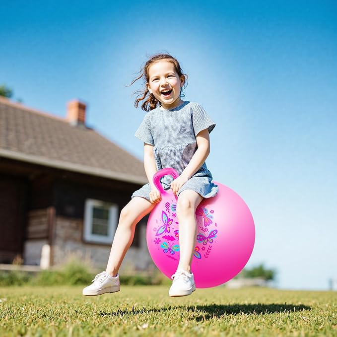 Hopper Ball, Pink Butterfly Hopping Toys for Kids, 18 Inch Bouncy Ball with Handle, Indoor Outdoor Inflatable Hoppity Hop Toy for Girls Boys Gift with Free Pump