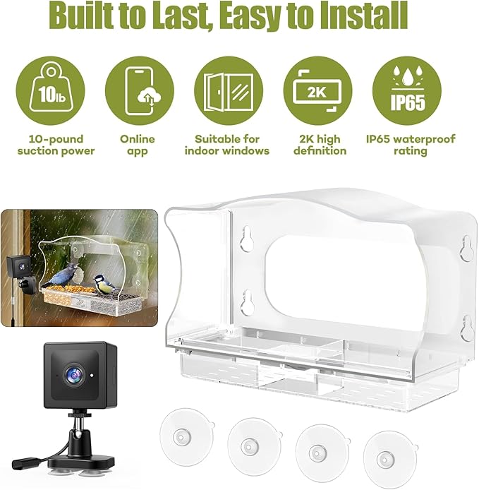 Waterproof Smart Bird Feeder Camera with AI ID, 2K HD Glare-Free Video. All-Weather Outdoor Window Mount. Unique Gifts for Elderly Parents, Kids, Birding Lovers & Gardeners