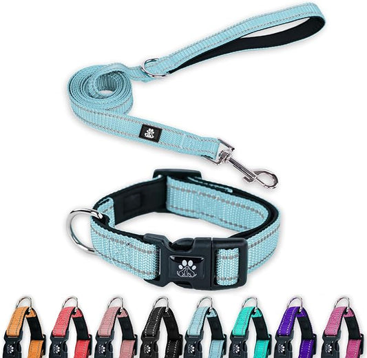 FURRYFECTION Reflective Dog Collar and Leash Set With Quick Release Buckle, Padded Neoprene Adjustable Nylon for Small Medium and Large Dogs (Small Collar+5FT Leash, Blue)