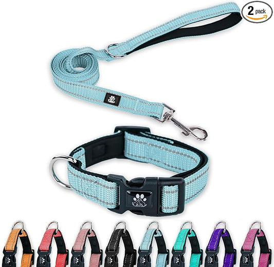 FURRYFECTION Reflective Dog Collar and Leash Set With Quick Release Buckle, Padded Neoprene Adjustable Nylon for Small Medium and Large Dogs (Medium Collar+5FT Leash, Blue)