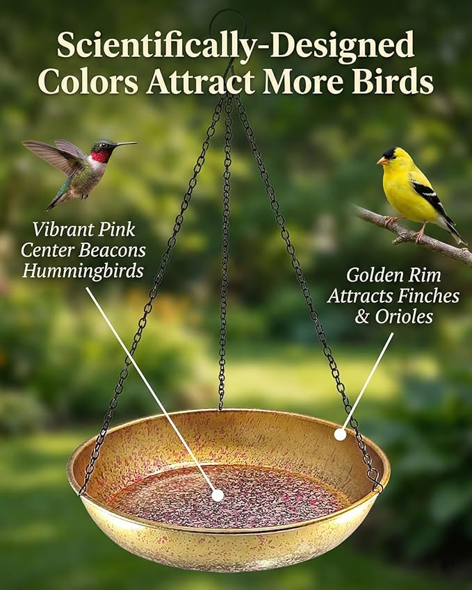 Hanging Bird Bath for Outside Metal Birdbath 11 Inch for Birds to Seed Bathe Drink Decor Bird Bath Gold to Iridescent Pink Gradient Decor for Garden Back Yard Patio Attracts Hummingbirds & Finches