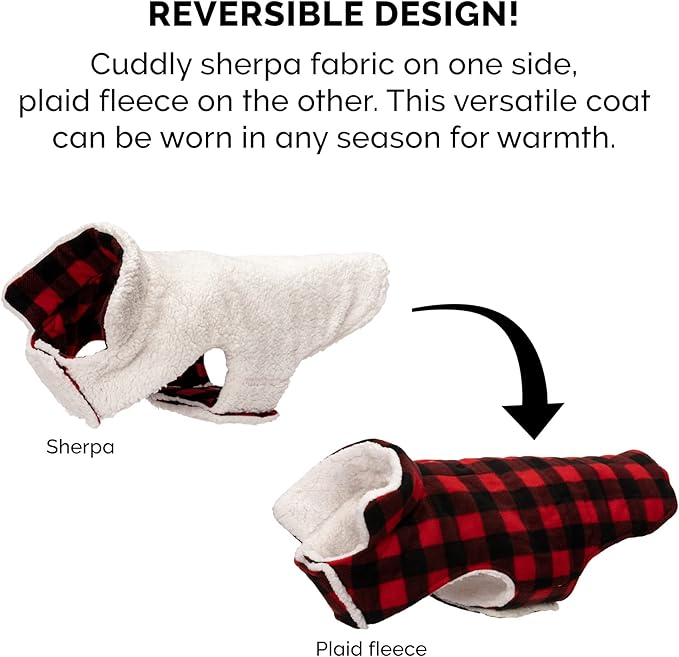 Furhaven Reversible Medium Dog Coat, Washable & Insulating w/ Leash Access - Sherpa & Plaid Fleece Flex-Fit Jacket - Cream/Red, Medium