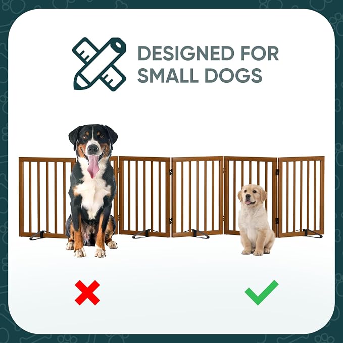 Semiocthome Walnut Dog Gates for Doorways, 6-Panel Freestanding Dog Gate Indoor for the House Stairs, 24" H Foldable Wooden Pet Gates with 4PCS Metal Stands, Expands Up to 110" (W)