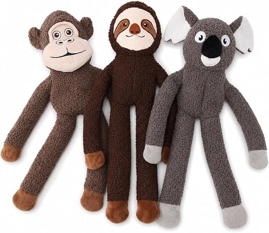 No Stuffing Dog Toys, 3-Pack Squeaky Crinkle Set | 3-pack stuffing-free plush dog toys with squeakers and crinkle sound for supervised indoor play, fetch, tug, and teething