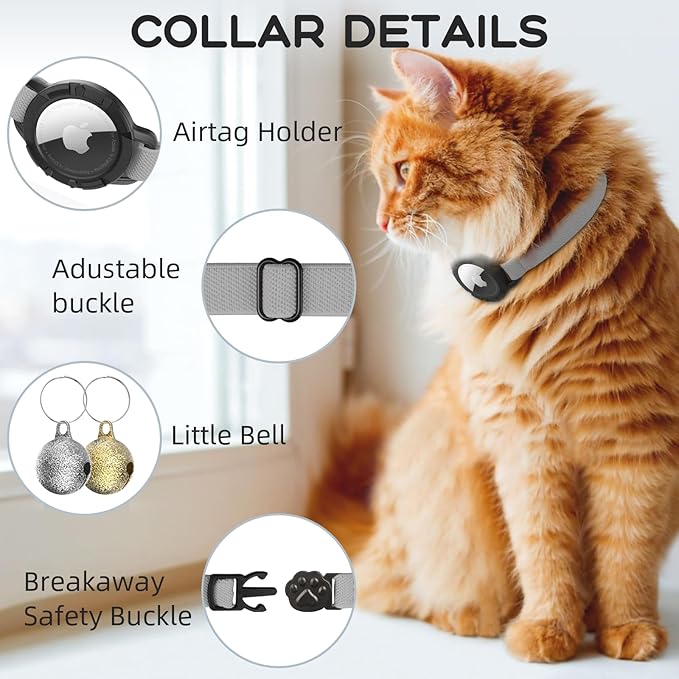 AirTag Cat Collars, Stretchy Collar with Apple AirTag Holder and Bell, Breakaway Ultra Design Elastic GPS Tracking Collars for Cats and Puppies, (7.5-12.5 Inch), Gray