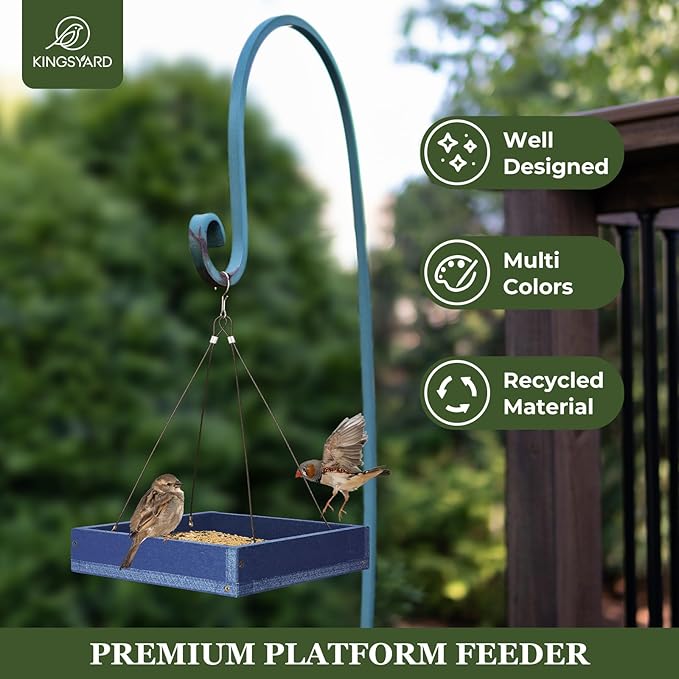 Kingsyard WPC Composite Platform Bird Feeder for Outside, Heavy Duty Hanging Tray for Mealworms & Seeds, 3.5 lbs Large Capacity, Weatherproof Recycled Plastic Material, Easy to Clean, Blue