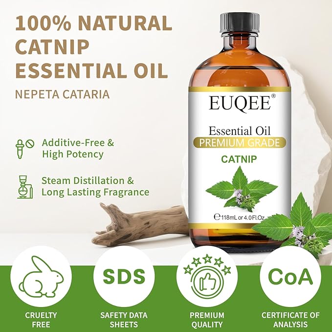 EUQEE 118ML Catnip Essential Oil, Pure & Fresh Herbal Aroma Catnip Essential Oil with Glass Dropper Great for Air Refresher, Massage, Diffuser, DIY Soap, Candle Making, Aromatherapy, Sleep
