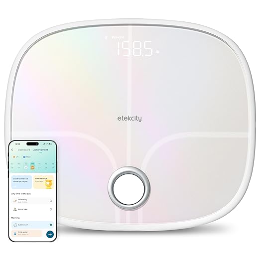 Etekcity Smart Rechargeable Scale for Body Weight, BMI, Fat, Muscle Mass, FSA&HSA Eligible, Digital Bathroom Scale with 13 Metrics, Secret Mode, Bluetooth Connect to Free Apps, Rainbow White
