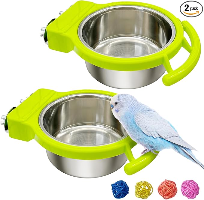 Stainless Steel Bird Bowls for Cage 2 Pcs Parrot Feeding Dish Metal Food and Water Cups Detachable Birds Cage Feeder Hanging Finch Food Plates with Perch for Parakeet Budgie Lovebird (Green)