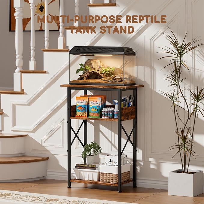 5-10 Gallon Fish Tank Stand with Storage Shelves, 3-Tier Aquarium Stand with Rust-Proof Metal Frame, Heavy Duty Waterproof Reptile Turtle Tank Stand for Home Office Up to 150LBS, 21.5" L x 11.5" W x 30" H, Rustic Brown