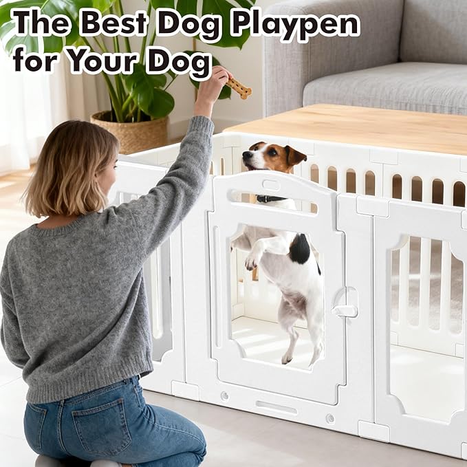Ancaixin Modern Clear Acrylic Dog PlayPen for Indoors, 25.5Inch Tall & 11-Panel Metal-Free Puppy Playpen for Small and Medium Dogs, Tool-Free Assembly, Easy Assemble Pet Fence with Door Lock (White)