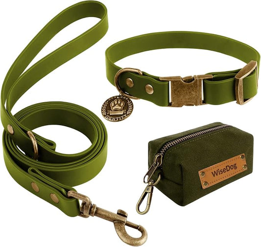 Wisedog Waterproof Dog Collar and Leash Set, S, Green | Adjustable Puppy Collar, Cute Tag, 4FT Dog Leash, Includes Poop Bag, For Small Medium Large Dogs