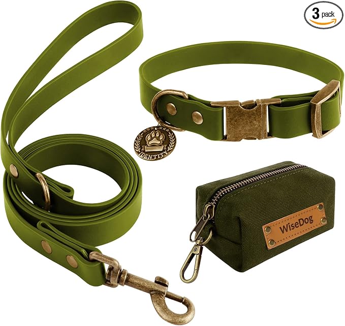 Wisedog Waterproof Dog Collar and Leash Set, XS, Green | Adjustable Puppy Collar, Cute Tag, 4FT Dog Leash, Includes Poop Bag, For Small Medium Large Dogs