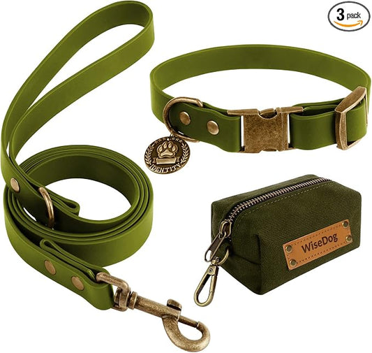 Wisedog Waterproof Dog Collar and Leash Set, XS, Green | Adjustable Puppy Collar, Cute Tag, 4FT Dog Leash, Includes Poop Bag, For Small Medium Large Dogs