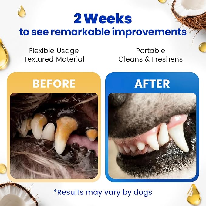 Dog & Cat Tooth Brushing kit - 60Ct Dog Toothbrush & Toothpaste Alternatives, Dental Care Wipes, Heavy Duty Teeth Cleaning, Remove Tartar & Plaque, Breath Freshener (Coconut)