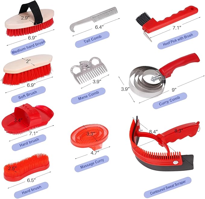 Horse Grooming Kit, Horse Brushes for Grooming 10pcs Horse Cleaning Tool Set with Tote Bag, Sweat Scraper, Curry Comb, Brush, Hoof Pick, Livestock Bathing Supplies Equine Care Supplies
