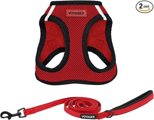 Best Pet Supplies Voyager Step-in Air All Weather Mesh Harness and Reflective Dog 5ft Leash Combo with Neoprene Handle, for Small, Medium and Large Breed Puppies - Red/Black Trim, Small