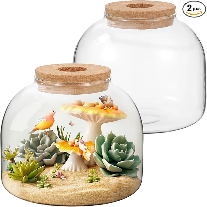 54 oz Glass Fish Bowl Vase with Cork Lid, Clear Bubble Planter Vase Globe Flower Centerpiece, 3 Inch Open Mouth Round Terrarium Vases, 6 Inch Diameter x 5 Inch Height (2PCS)