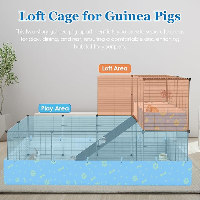 2-Story Guinea Pig Cages with Tarp, Large C&C Loft Cage for Rabbit Bunny Puppy Small Animal Indoor Dog Playpen Pet Exercise Enclosure, 25 Panels