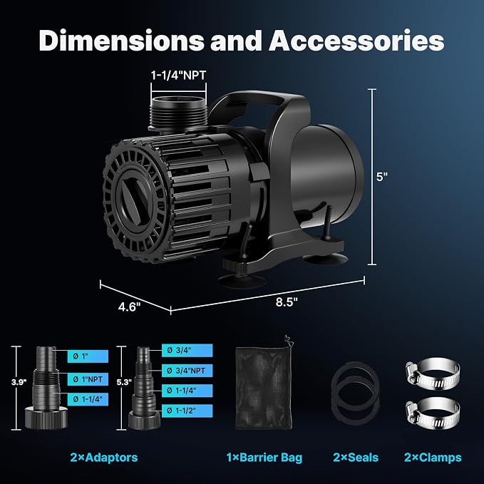 150W Pond Pump, Adjustable Flow 800-2700 GPH &18 FT Lift | Submersible Water Pump for Pond Fountain & Waterfall, 180° Rotatable Outlet, Filter Bag & 20FT Cord, Ultra-Quiet, UL Listed