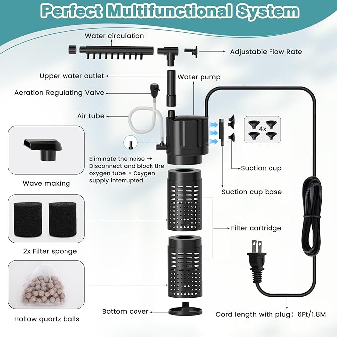 hygger Internal Aquarium Filter, 5-in-1 Submersible Power Fish Tank Filter, Adjustable Wave Maker & Air Bubbler, Quiet Turtle Tank Filter for 15-30 Gallon Freshwater Saltwater, 210GPH, 10W