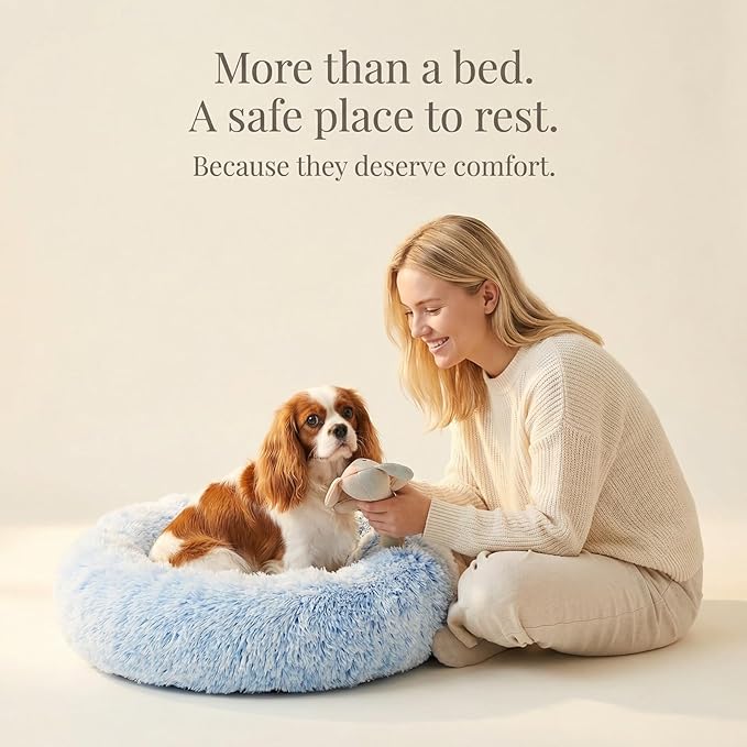 Calming Dog Bed for Medium Dogs Washable Donut 30 inches Anti-Slip Pet Bed,Round Fluffy Plush Faux Fur Cat Bed,Fits up to 45 lbs Pets,Gradient Blue
