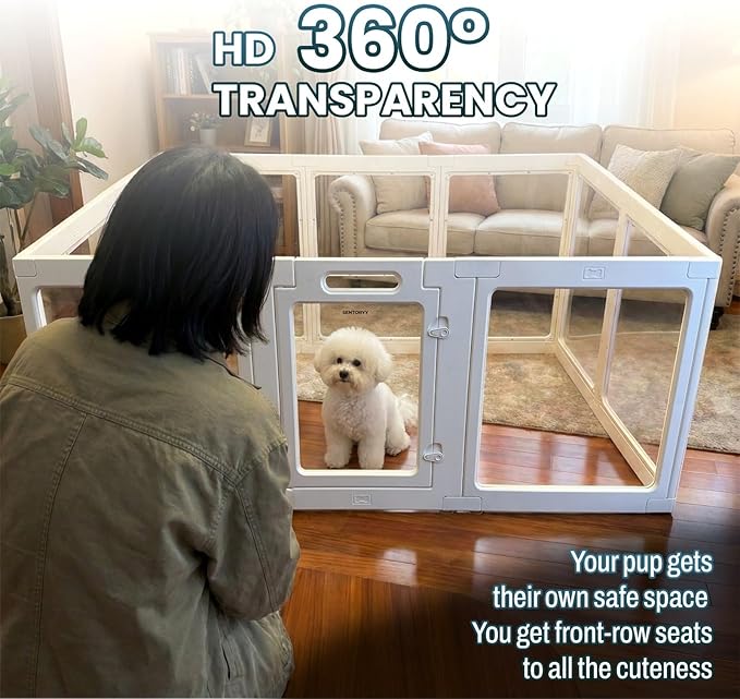 Transparent Indoor Dog Playpen with Safety Lock, Indoor Dog Fence for Small & Medium Pets | Secure, Stylish, Easy Clean Play Pen for Dogs & Pets with Scratch Resistant Panels (White, 10 Panel)