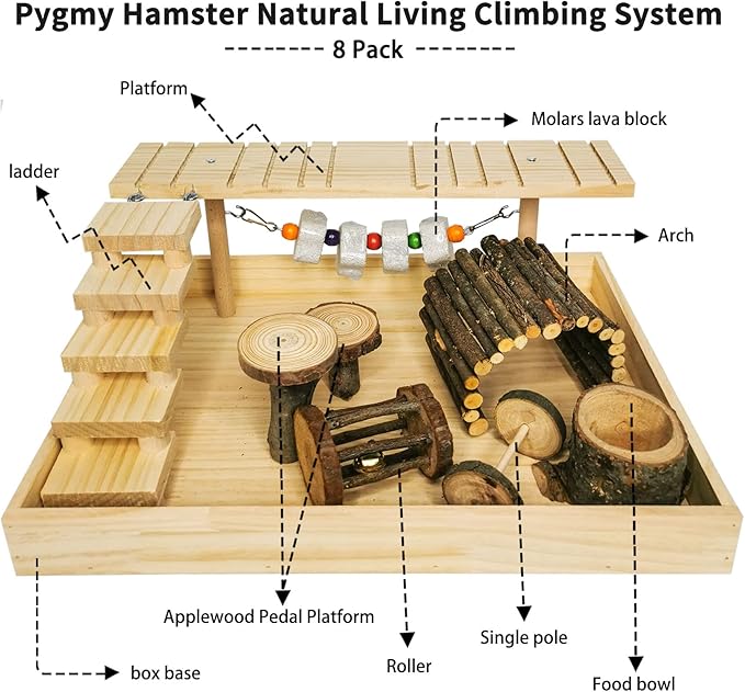 Hamiledyi Dwarf Hamster Activity Playground Natural Wood Gerbil Climbing Platform Mice Living Gym System Set Syrian Exercise Cage Accessories with Lava Stone String Chewing Toy Ladder Bridge Ramp