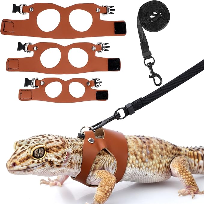3 Pack Bearded Dragon Harness and Leash Set, Small Animal Traction Rope Training Walking Vest Accessories, 3-Size Adjustable Soft Leather Lizard Vest Harness Leash for Squirrel Reptile Rat